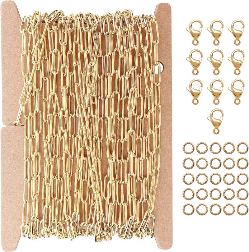 THREENEST 16.4-Feet 3mm Stainless Steel Paperclip Chains with 10 Lobster Claps+25 Jump Rings, 18K Real Gold Plated Soldered Cable Long Craft Chain for Necklace Bracelet Earring Jewelry Making(Gold) - Image 1
